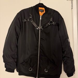 Poster Girl Stylish Black Bomber Oversized Jacket with Harness Detail